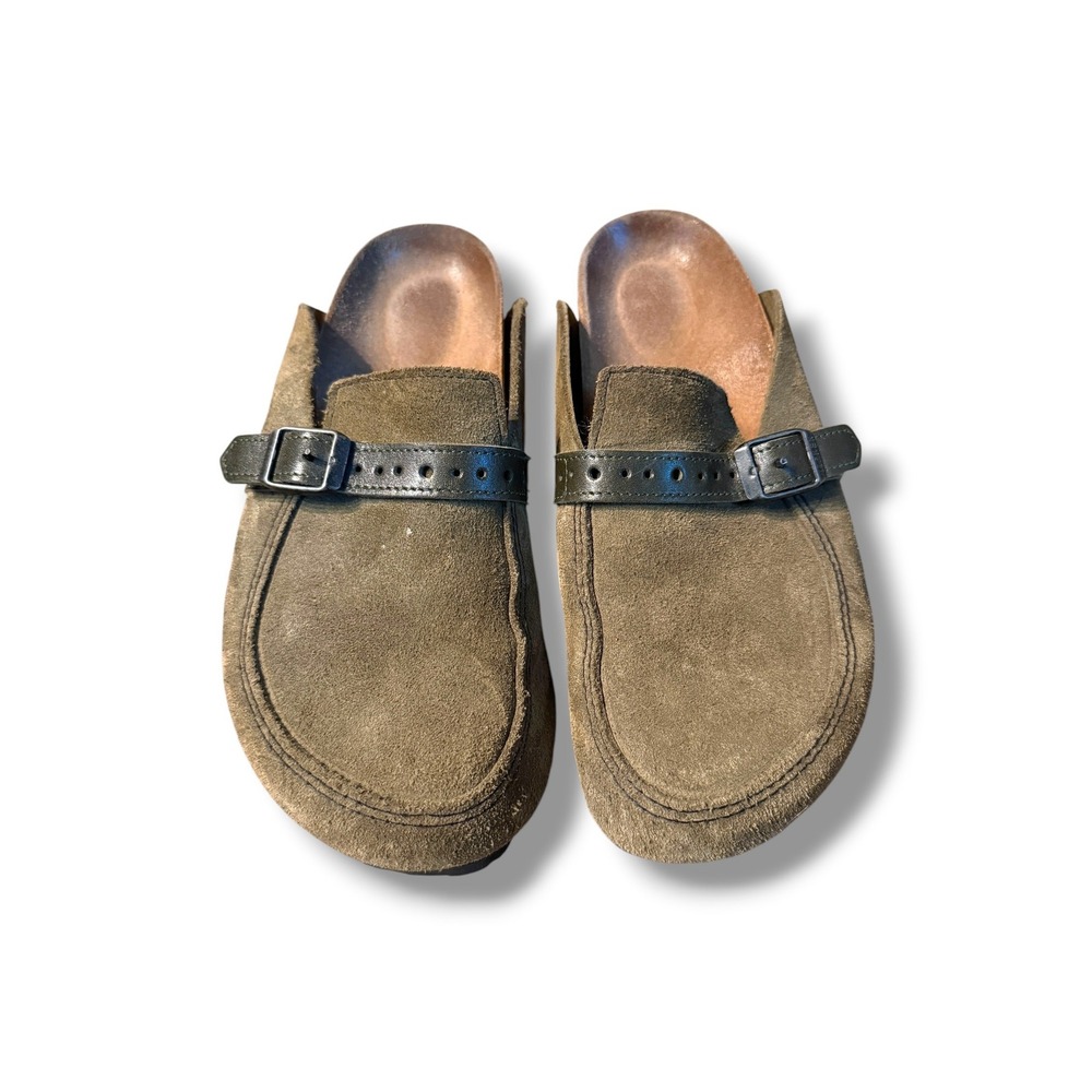 Birkenstock London Clogs Womens EU 38 Olive Green Suede Leather Buckle Slip On - Picture 1 of 9